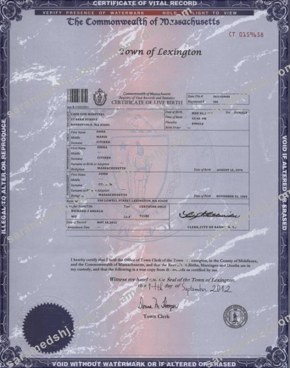 USA Massachusetts state birth certificate template in PSD format